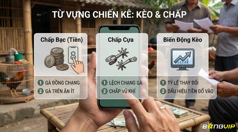 Thuật ngữ kèo chấp chọi gà: điện thoại hiển thị Chấp Bạc (tiền), Chấp Cựa (vũ khí), Biến Động Kèo (tỷ lệ cược) qua biểu tượng tiền, cựa, đồ thị