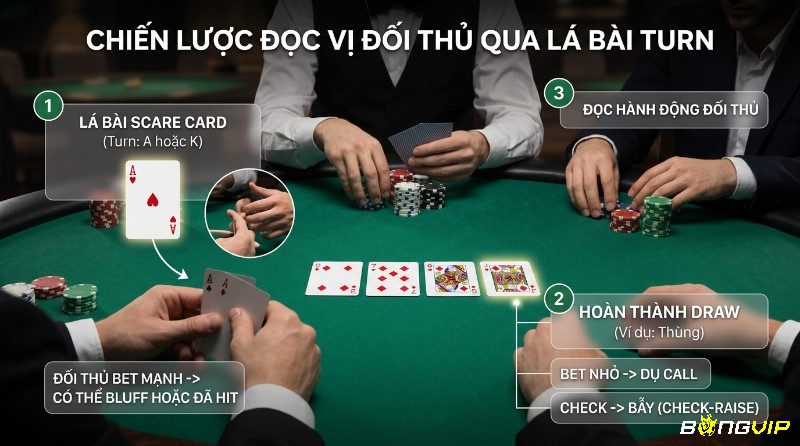 Chiến lược đọc vị đối thủ qua lá bài Turn trong poker, phân tích scare card (A, K) và hoàn thành thùng (J♦️), hành động bet/check của người chơi