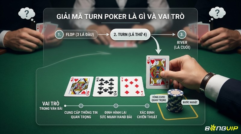 Giải mã Turn Poker và vai trò: lá bài chung thứ tư (J cơ) sau Flop (Q cơ, 10 tép, 7 rô), vòng cược quan trọng định hình chiến thuật trong turn poker là gì