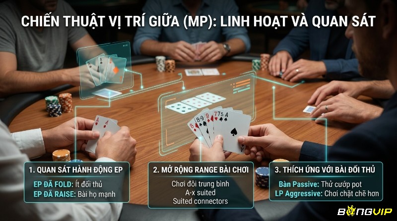 Chiến thuật poker vị trí giữa (MP): linh hoạt quan sát hành động EP, mở rộng range bài với đôi trung bình, A-x suited, suited connectors, thích ứng đối thủ