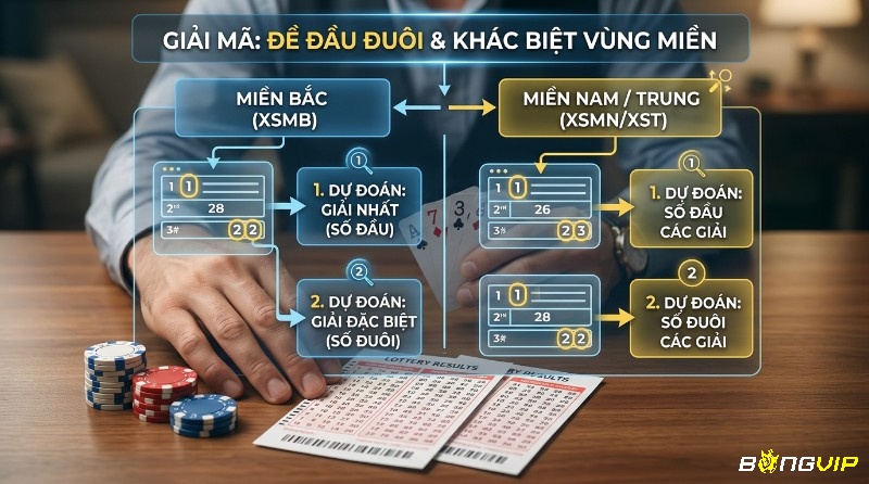 Giải mã đề đầu đuôi là gì, so sánh cách dự đoán miền Bắc (Giải Nhất, Đặc Biệt) và miền Nam/Trung (Số Đầu, Số Đuôi các giải) trên bàn chơi