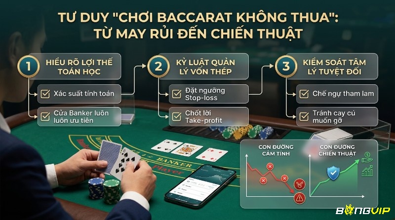 Tư duy kinh nghiệm chơi Baccarat không thua với 3 trụ cột: hiểu lợi thế toán học, quản lý vốn, kiểm soát tâm lý. Biểu đồ so sánh con đường cảm tính và chiến thuật