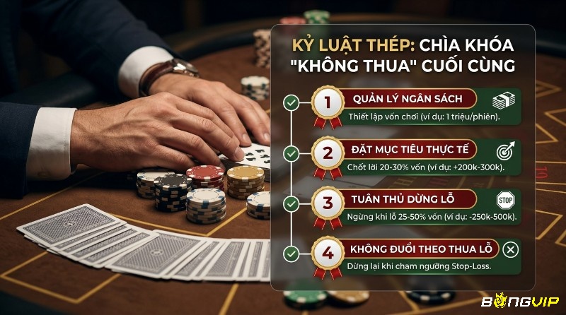 Kỷ luật thép trong Baccarat, quản lý ngân sách 1 triệu/phiên, chốt lời 20-30%, dừng lỗ 25-50% và không đuổi theo thua lỗ, hiển thị trên bàn chơi bài