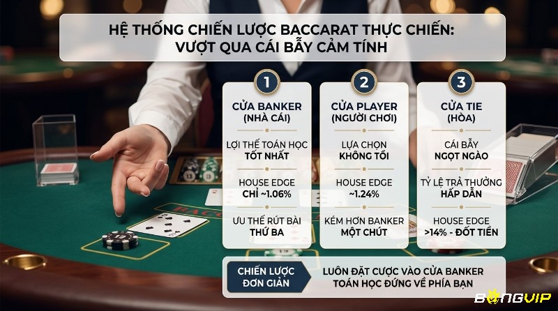 Phân tích chiến lược Baccarat thực chiến so sánh cửa Banker (lợi thế toán học 1.06%), Player (1.24%) và Tie (cái bẫy >14%), khuyến nghị đặt Banker