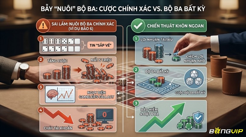 So sánh cược bộ ba đồng nhất chính xác và bộ ba bất kỳ, minh họa sai lầm "nuôi" bộ ba dẫn đến cháy tài khoản và chiến thuật khôn ngoan trích lợi nhuận nhỏ để cược bộ ba bất kỳ