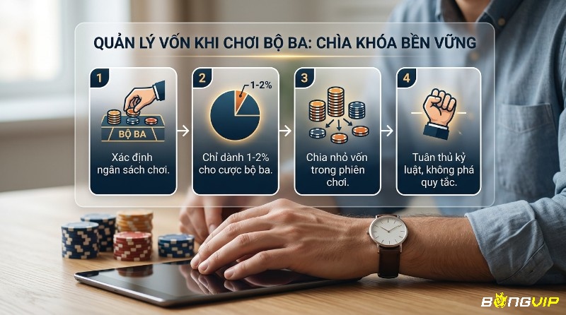 Quản lý vốn khi chơi cược bộ ba với 4 bước: xác định ngân sách, chỉ dành 1-2% cho cược, chia nhỏ vốn và tuân thủ kỷ luật
