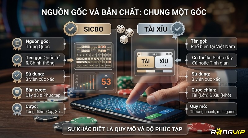 Nguồn gốc và bản chất Sicbo và Tài Xỉu, so sánh tài xỉu và sicbo dùng 3 xúc xắc trên giao diện điện thoại