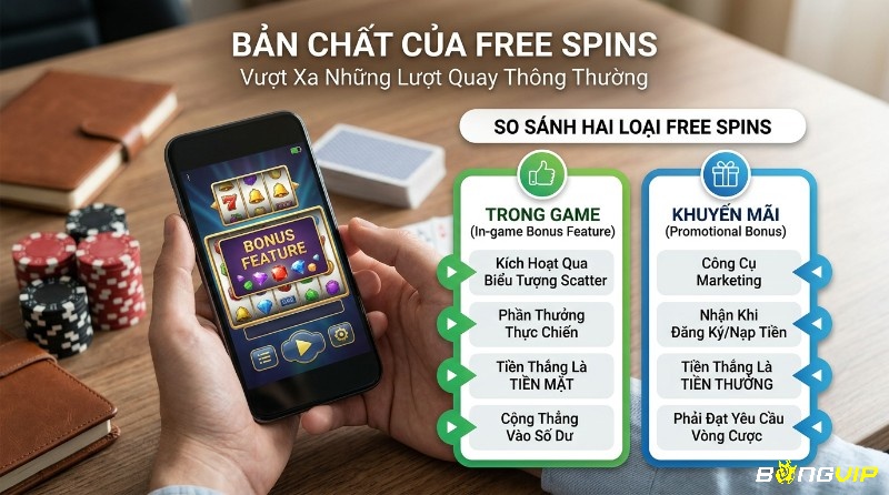 So sánh bản chất tính năng free spins là gì trong game và khuyến mãi, hiển thị slot game trên điện thoại, tiền thắng là tiền mặt hoặc tiền thưởng có yêu cầu cược