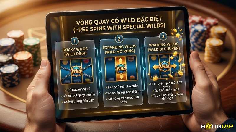 Vòng quay có Wild đặc biệt trên máy tính bảng, hiển thị Sticky Wilds dính, Expanding Wilds mở rộng, và Walking Wilds di chuyển trong tính năng free spins là gì?